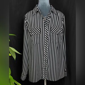 Notations Women's Black & White Striped Button-Down Blouse with Pockets 1X